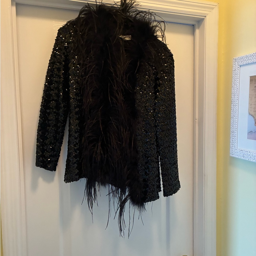 Black Sequin & Feather Statement Jacket - image 6